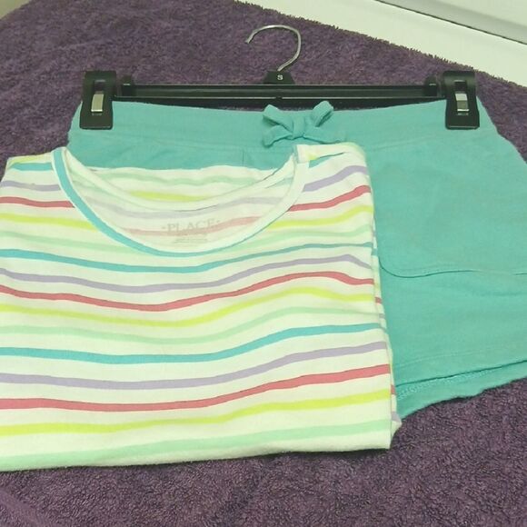 🩷PLACE  Girls Short Set Size L Shorts Seafoam Green Matching Top Multi Striped - Picture 1 of 11